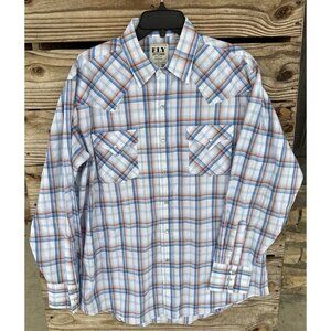 Ely Cattleman Shirt Mens Large White Plaid Pearl Snap Western Cowboy Rodeo Work